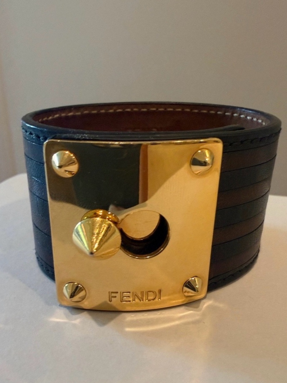 Fendi Black Leather Wide Cuff Bracelet with Gold Plate Hardware